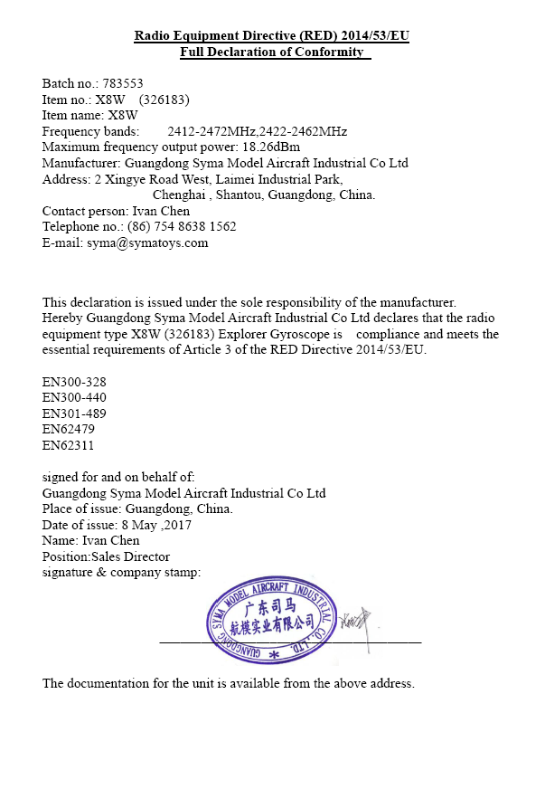 X8W Radio Equipment Directive